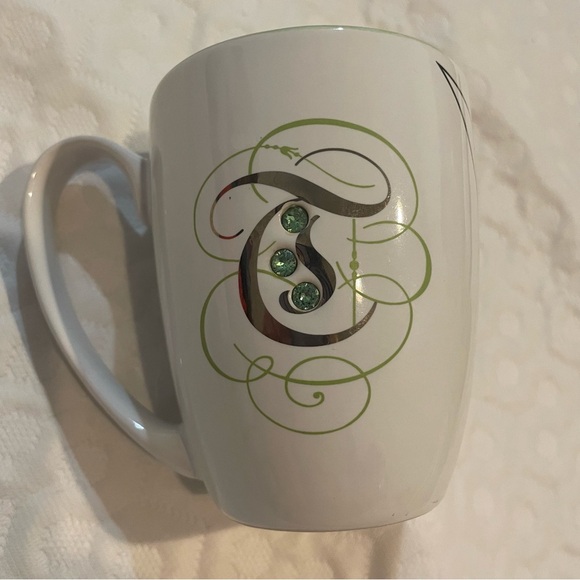 Tinkerbell Disney Parks Coffee Mug Bejeweled T White and Green Graphic Peter Pan - Picture 6 of 7